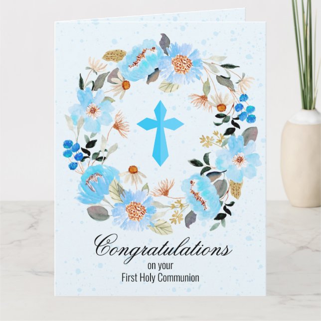 Blue Cross Floral Wreath First Communion Card (Front)