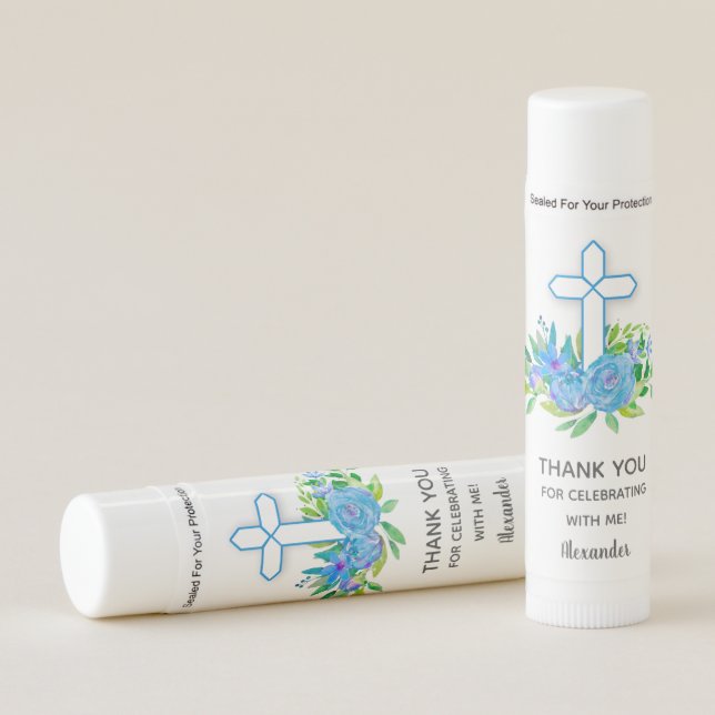 Blue Cross & Flowers Religious Thank You Lip Balm (Front)