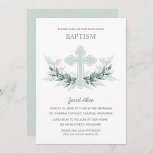 Blue Cross Greenery Baptism Invitation