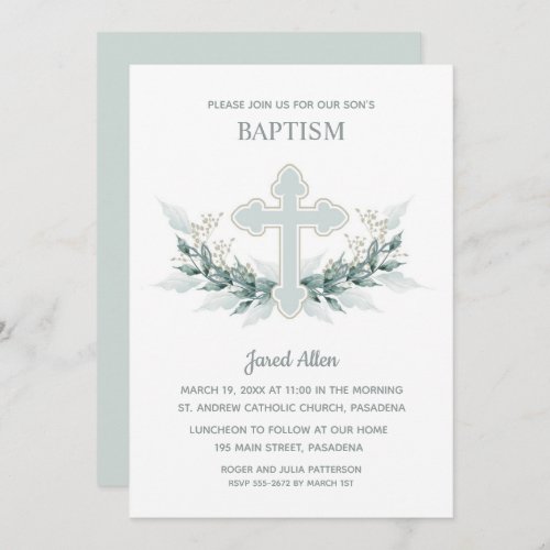 Blue Cross Greenery Baptism Invitation