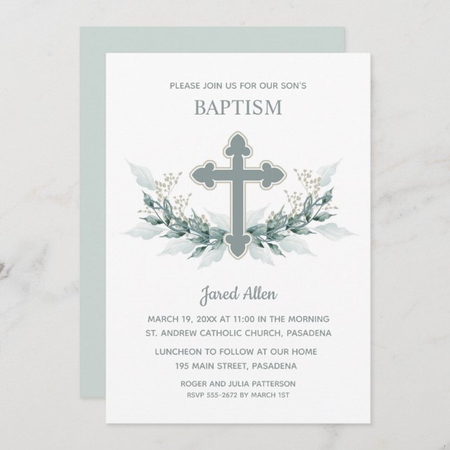 Blue Cross Greenery Baptism Invitation (Front/Back)
