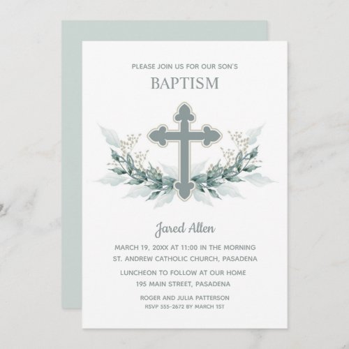 Blue Cross Greenery Baptism Invitation