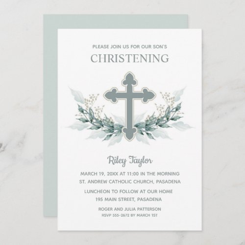 Blue Cross Greenery Christening Invitation