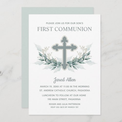 Blue Cross Greenery First Communion Invitation