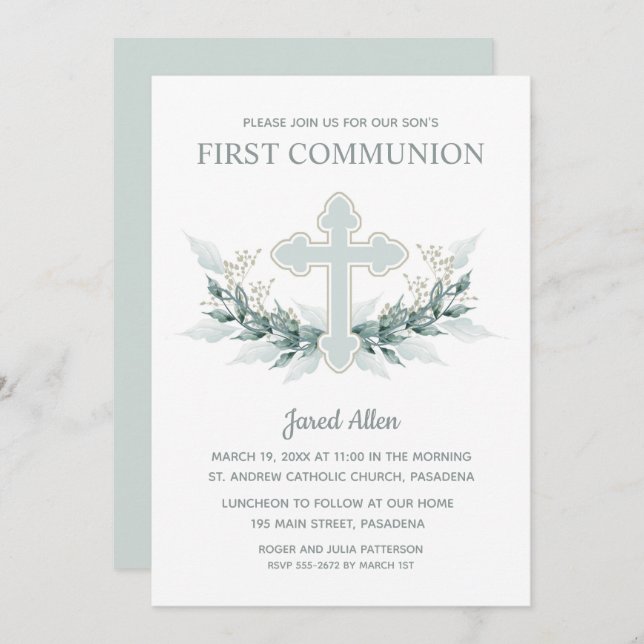 Blue Cross Greenery First Communion Invitation (Front/Back)