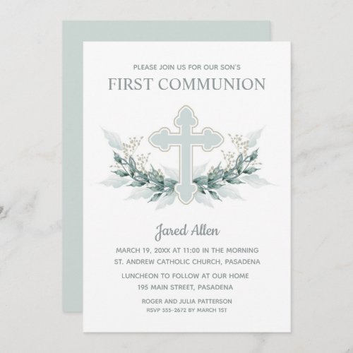Blue Cross Greenery First Communion Invitation
