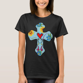 Blue Cross Mexican Folk Art Heart Flowers Day of t T-Shirt