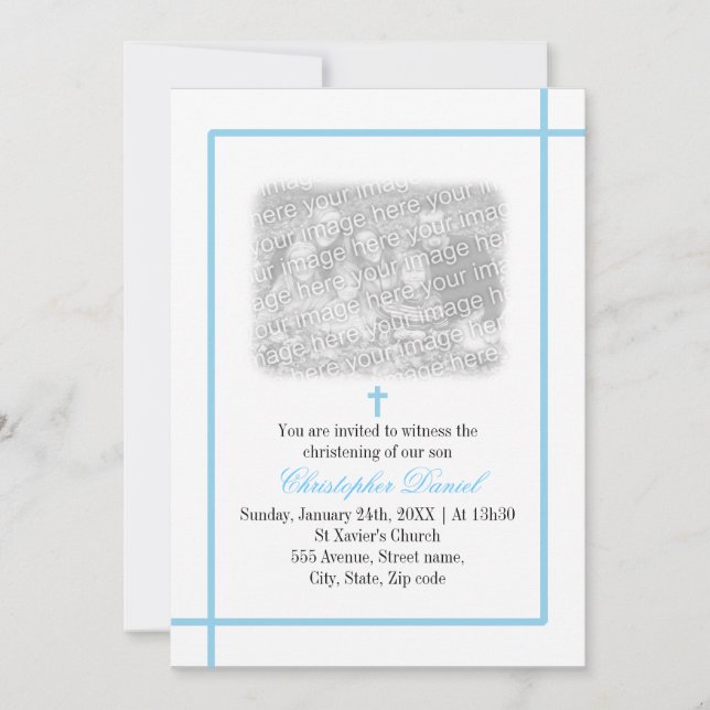Blue Cross Photo Christening Invitation (Front)
