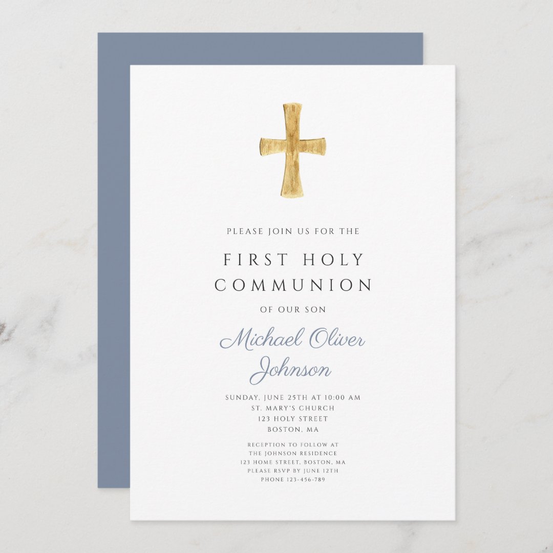 Blue Cross Religious Boy First Holy Communion Invitation | Zazzle