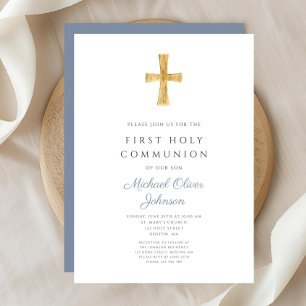 Blue Cross Religious Boy First Holy Communion Invitation