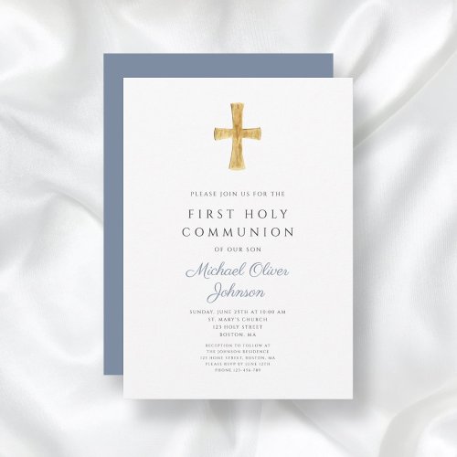 Blue Cross Religious Boy First Holy Communion Invitation