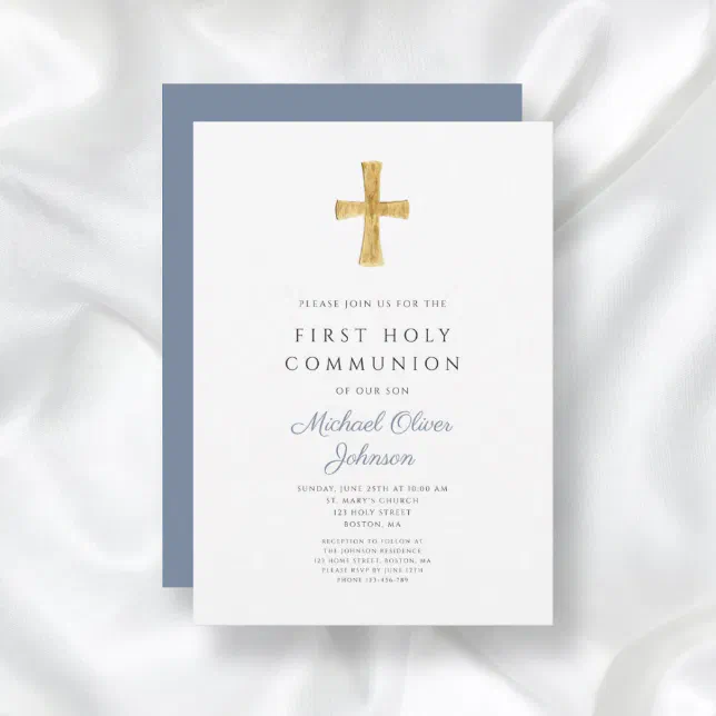 Blue Cross Religious Boy First Holy Communion Invitation | Zazzle