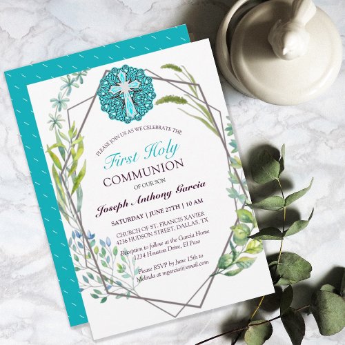 Blue Cross Spring Floral First Holy Communion  Invitation