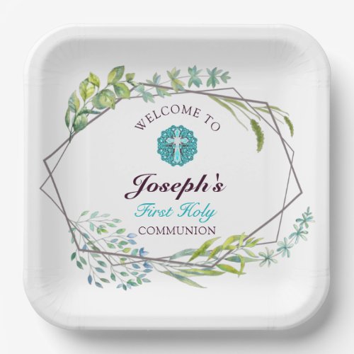 Blue Cross Spring Floral First Holy Communion  Paper Plates