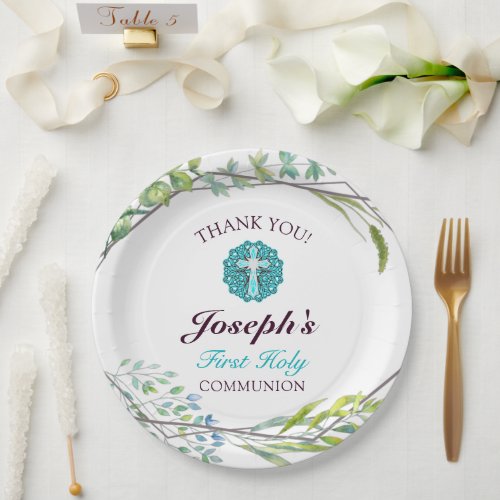Blue Cross Spring Floral First Holy Communion  Paper Plates