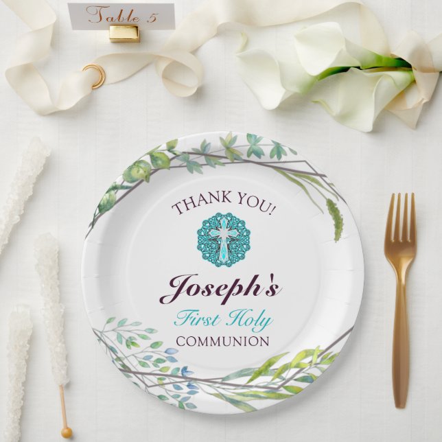 Blue Cross Spring Floral First Holy Communion  Paper Plates (Wedding)