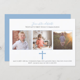 Blue Cross Tri Photo Modern First Communion Invitation
