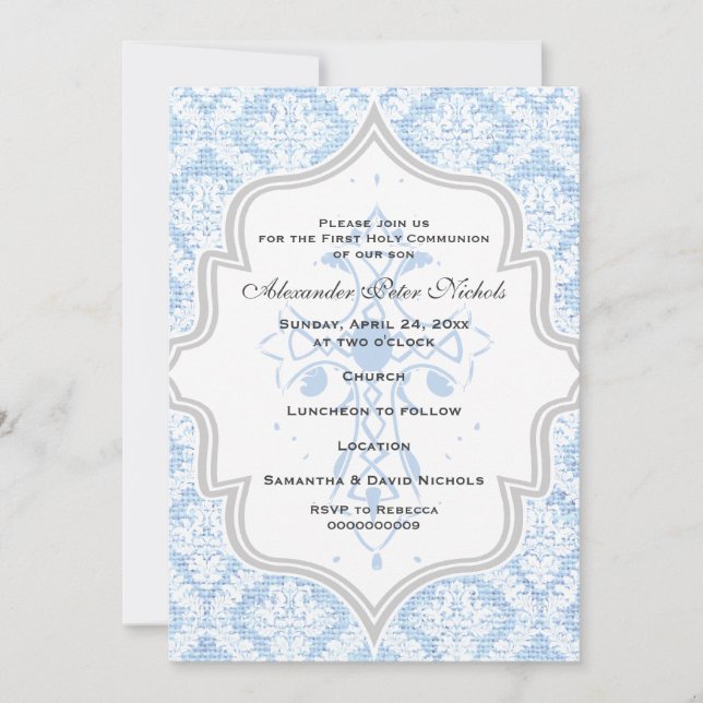 Blue Cross white damask burlap First Communion Invitation (Front)