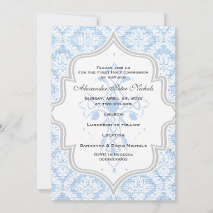 Blue Cross white damask burlap First Communion Invitation