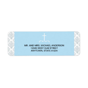 Blue Cross with Damask Pattern Label