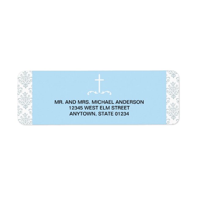 Blue Cross with Damask Pattern Label (Front)