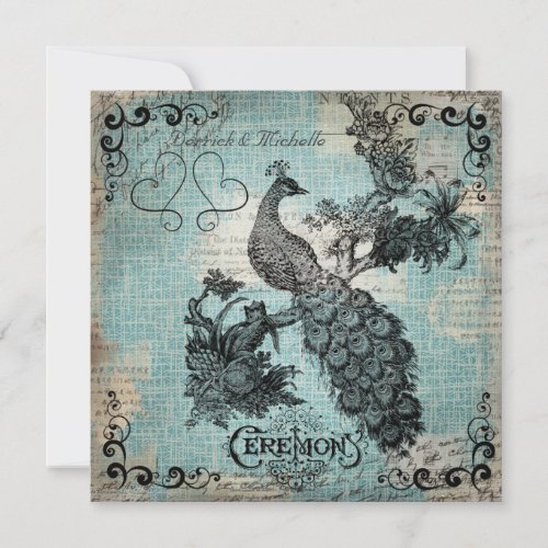 Blue Crosshatched Peacock Wedding Invitation