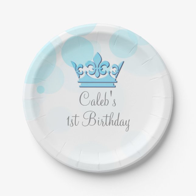 Blue Crown & Dots Royal Birthday Party Custom Paper Plates (Front)