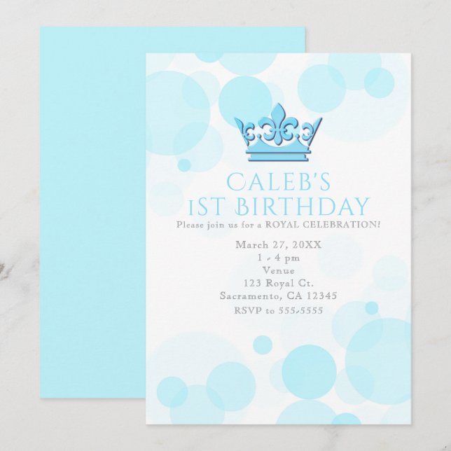 Blue Crown & Dots Royal Birthday Party Invitations (Front/Back)
