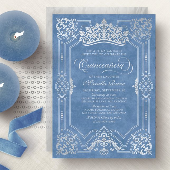 Blue Crown Tiara Elegant Quinceanera Invitation (Creator Uploaded)