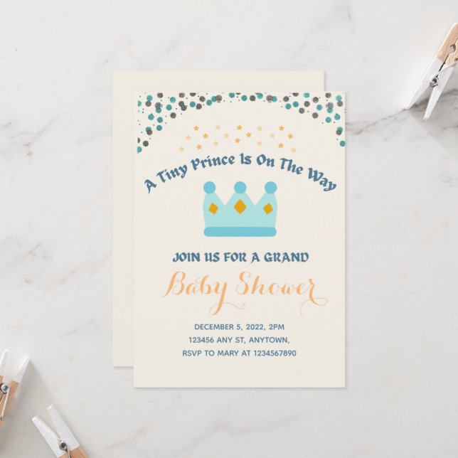 Blue Crown Yellow Jewels Tiny Prince Invitation (Front/Back In Situ)