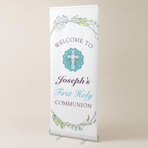 Blue Crucifix Floral First Holy Communion Welcome  Retractable Banner