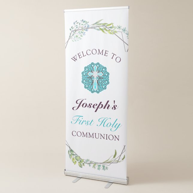 Blue Crucifix Floral First Holy Communion Welcome  Retractable Banner (3/4)