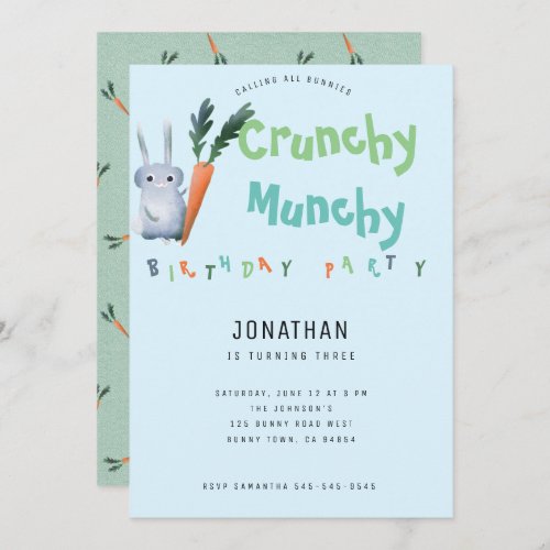 Blue Crunchy Munchy Bunny Birthday Party Cute Boy Invitation