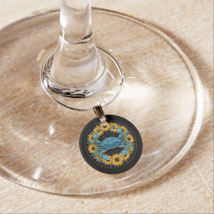 Blue Crustacean And Black Eyed Susan Flowers Wine Charm