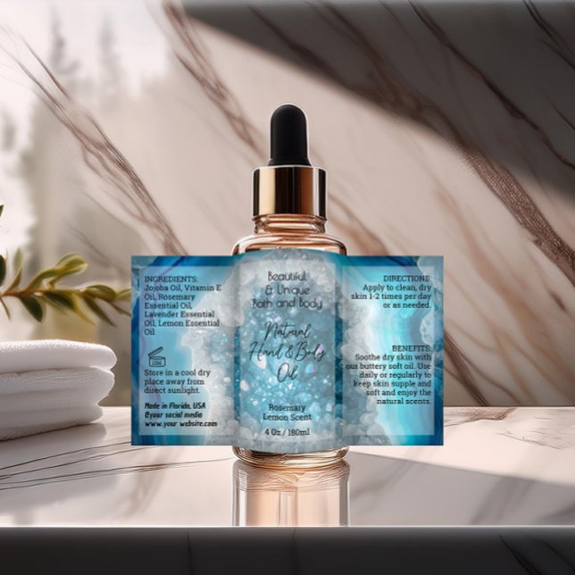 Blue Crystal Bottle Label 4oz Oil Dropper Product (blue crystal custom product label for 4 ounce bottle)