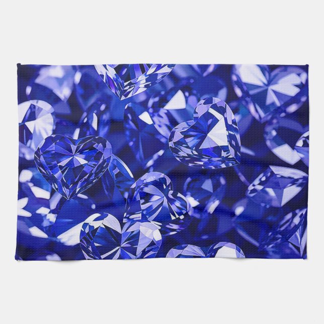 Blue Crystal Diamond Hearts Kitchen Towel (Horizontal)