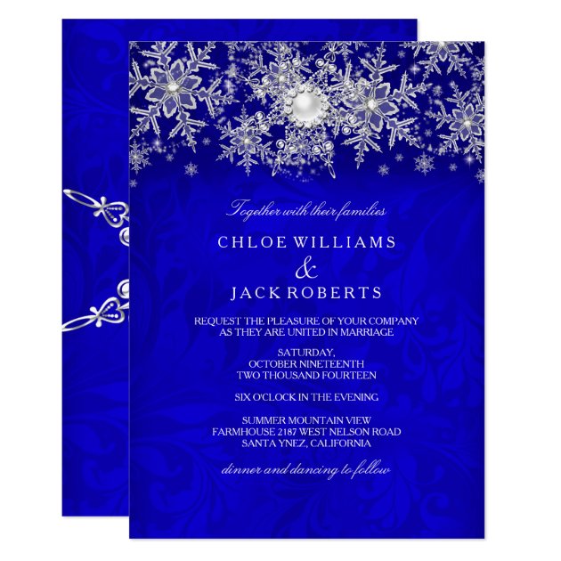 Blue Crystal Pearl Snowflake Silver Winter Wedding Invitation