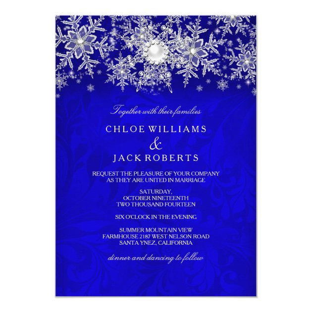 Blue Crystal Pearl Snowflake Silver Winter Wedding Invitation