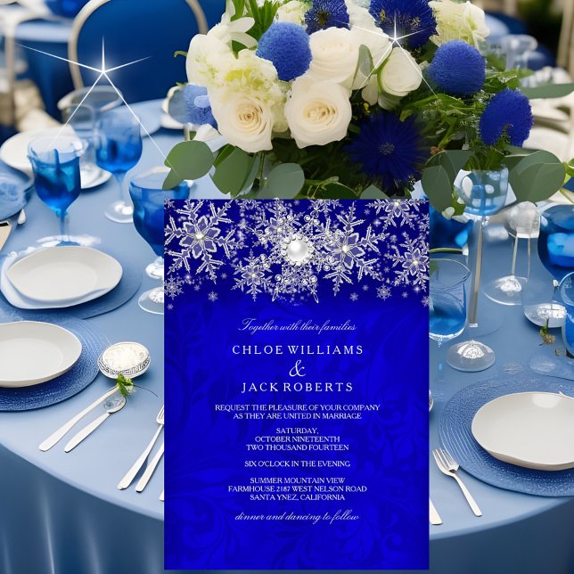 Blue Crystal Pearl Snowflake Silver Winter Wedding Invitation (Creator Uploaded)