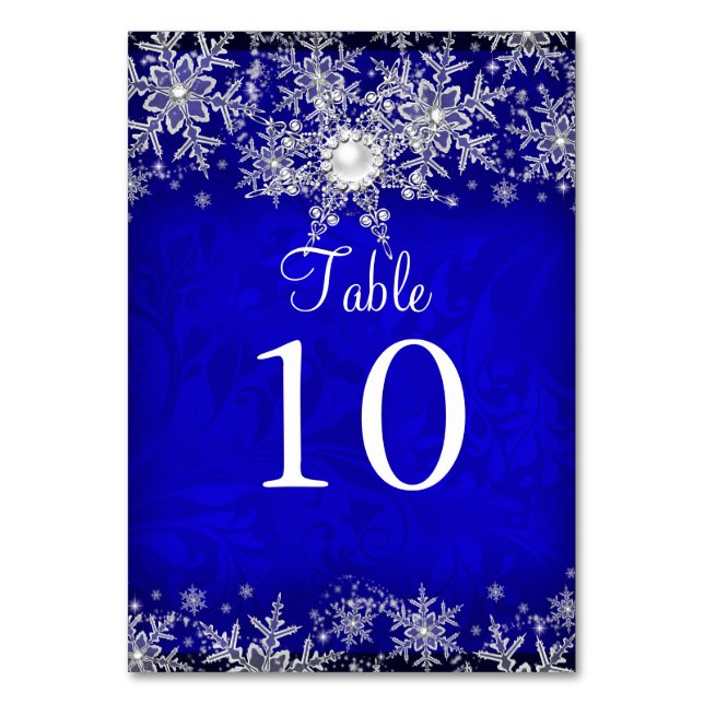 Blue Crystal Pearl Snowflake Table Number Card (Front)