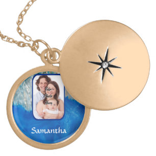 Blue crystal photo backround locket necklace