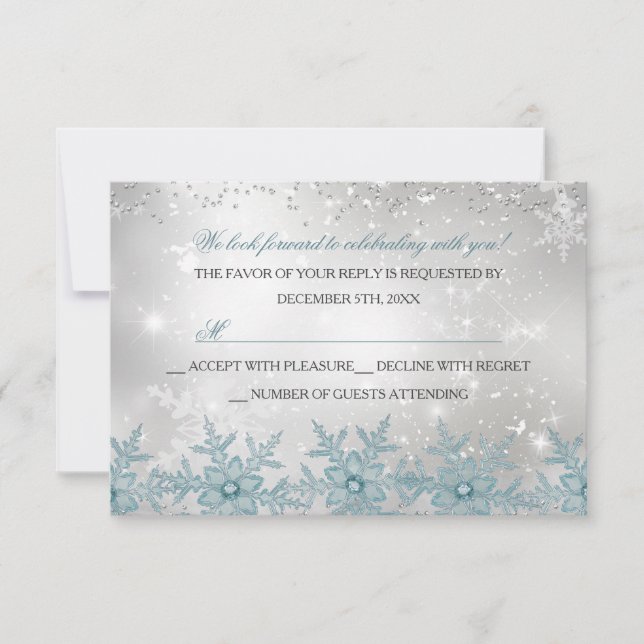 Blue Crystal Snowflake Christmas Party RSVP Card (Front)