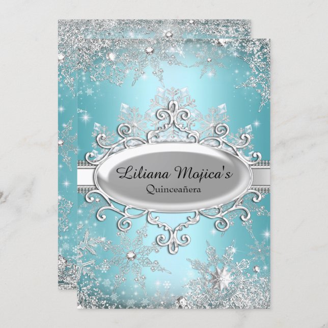 Blue Crystal Snowflake Princess Quinceanera Invitation (Front/Back)