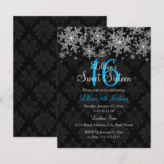 Blue Crystal Snowflake Sweet 16 Invitation (Front/Back)
