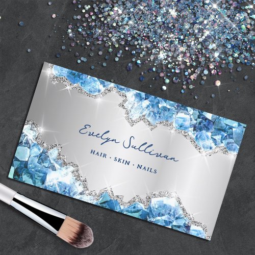 blue crystals faux foil geode business card