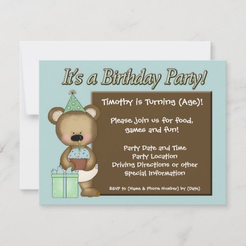 Blue Cupcake Bear Birthday Party Invitations