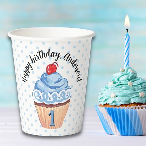 Blue Cupcake Boy 1st Birthday Party Dots Pattern Paper Cups