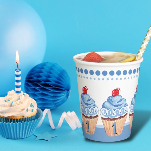 Blue Cupcake Boy 1st Birthday Party Pattern Paper Cups