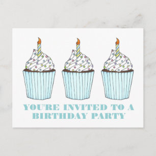Blue Cupcake Candle Birthday Party Invitation