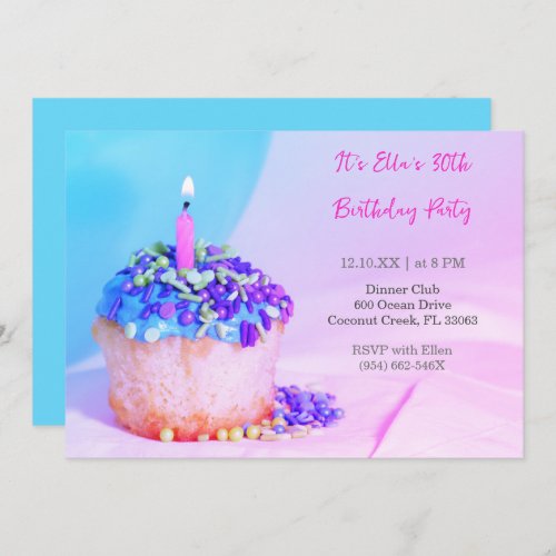 Blue Cupcake Colorful 30th  birthday invitation